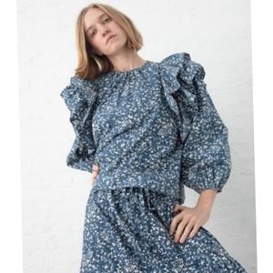 Ulla Johnson Cassi Indigo Batik Poplin Prairie C Ruffle Blouse Size 8